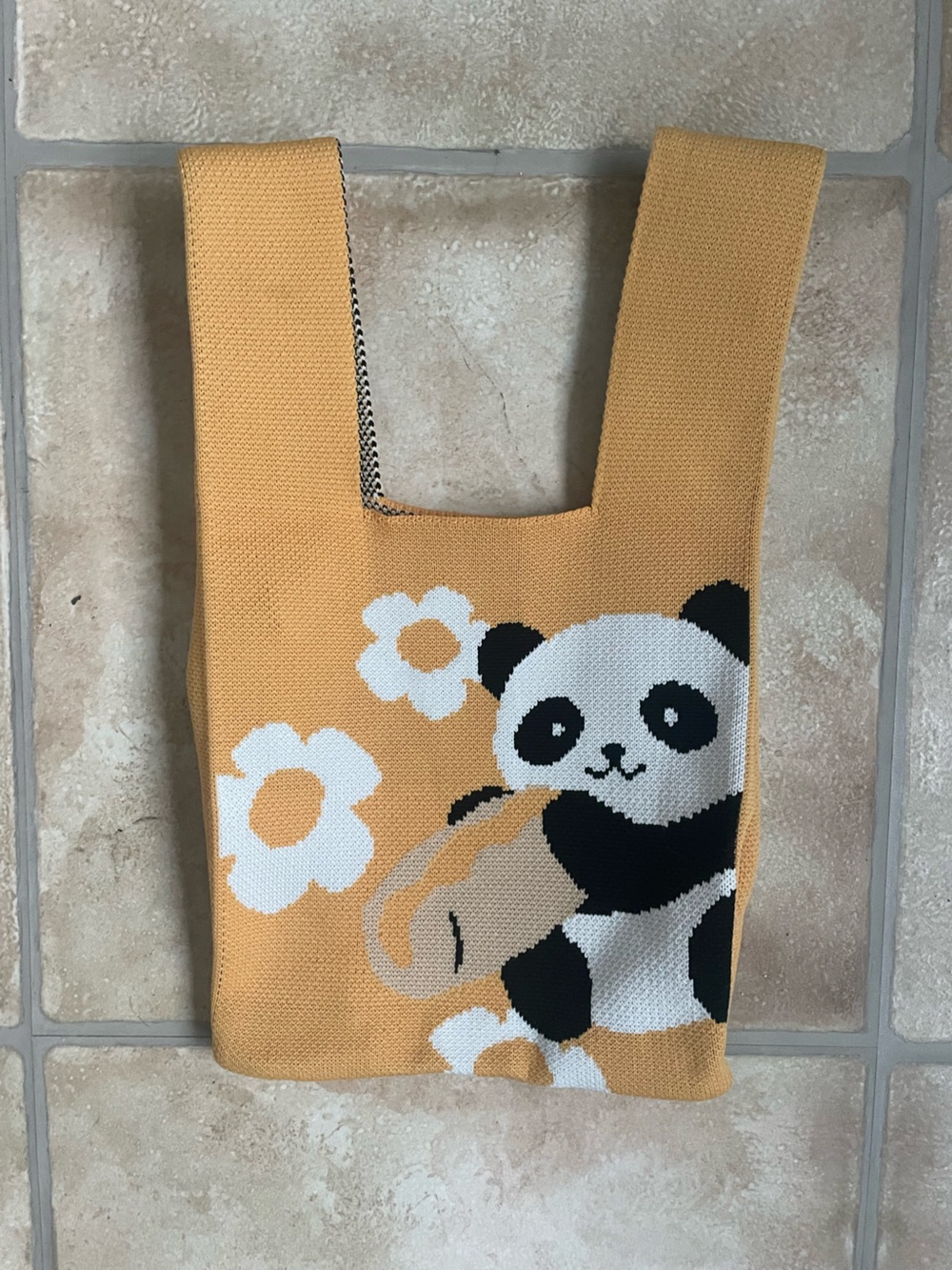 Panda Graphic Tote Bag Mustard Animal Theme Double Handles